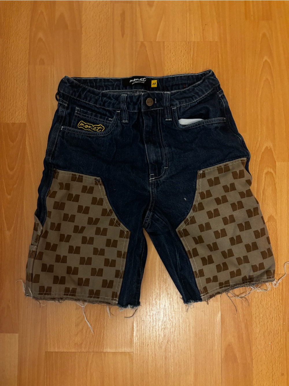 Monet Dark Blue Denim Shorts with Brown Patchwork